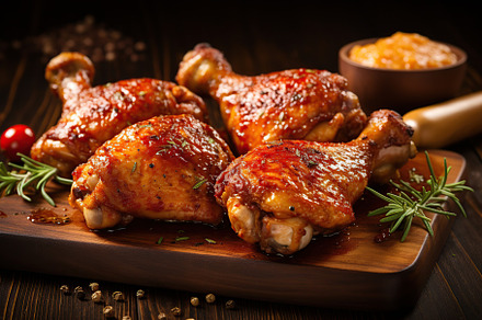 Grilled chicken legs with rosemary on brown wooden background, a Food & Drink Photo by AlyaAnd