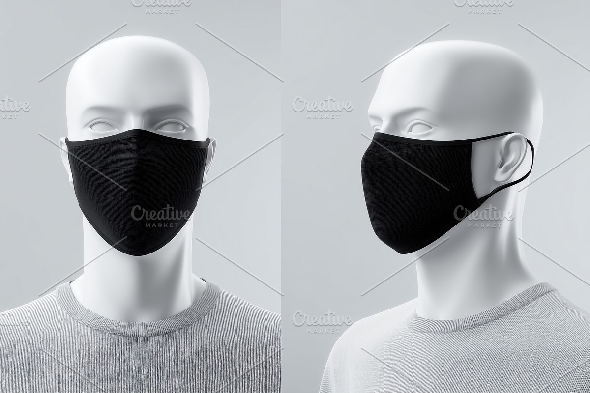 Two black face masks mockup on white mannequins, one from the front and one fro, a Mask Mockup by Textures & Backgrounds