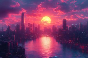 Vibrant sunset over a modern city sk, a Photo by Tanuart