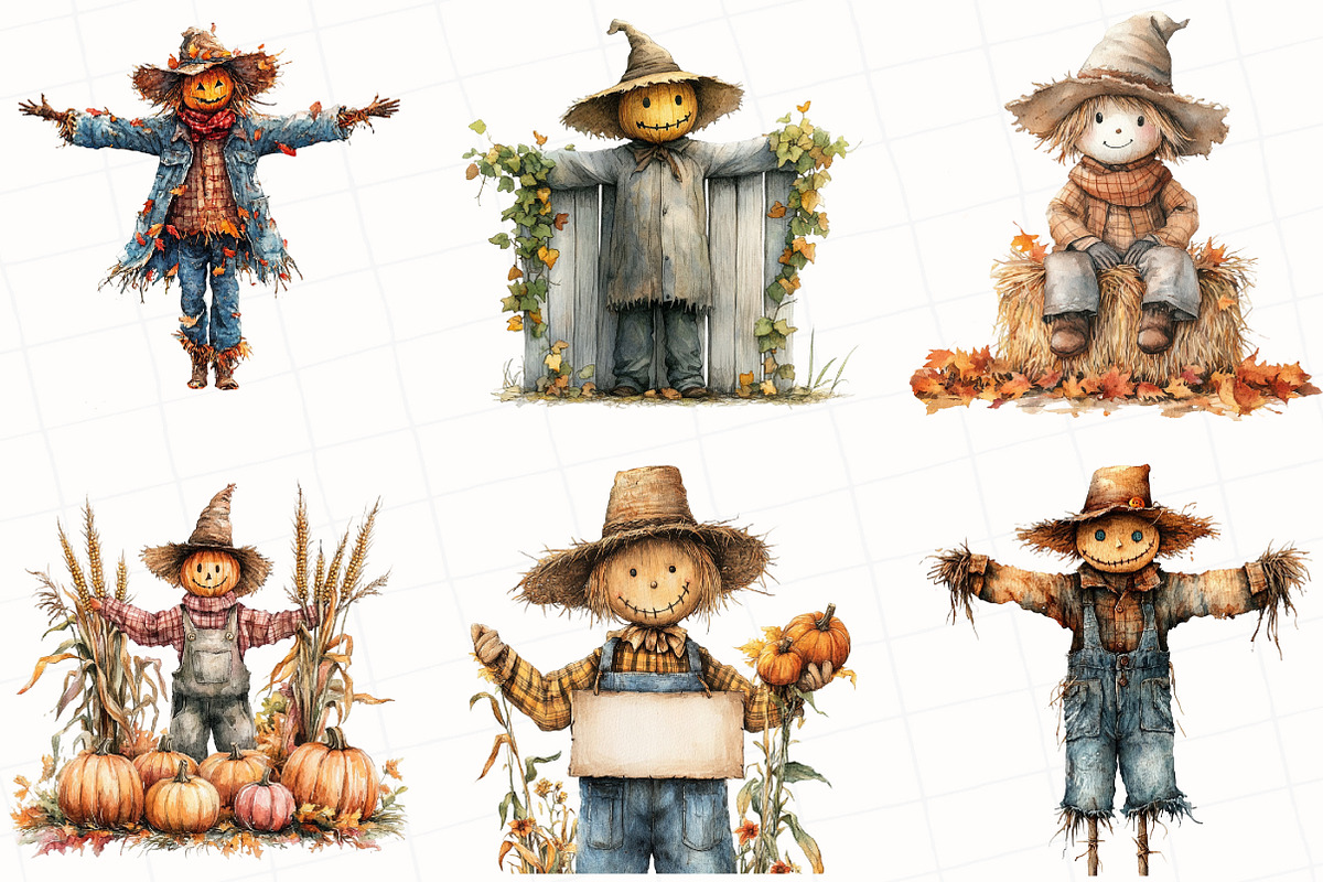 Watercolor Fall Scarecrow Clipart, an Illustration by OK Design (Photo 2 of 5)