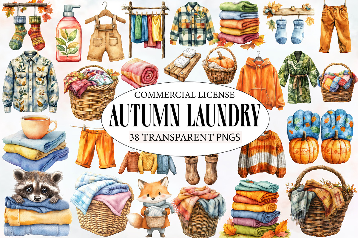 Watercolor Autumn Laundry Clipart, an Illustration by Designworld (Photo 1 of 6)