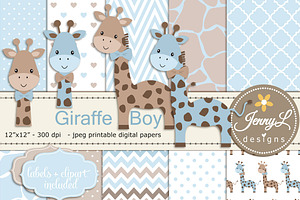 Giraffe Boy Digital Paper & Clipart, a Pattern Graphic by JennyL Designs