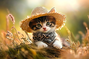 Kitten in Straw Hat and Bandana, an Animal Photo by Ales Munt