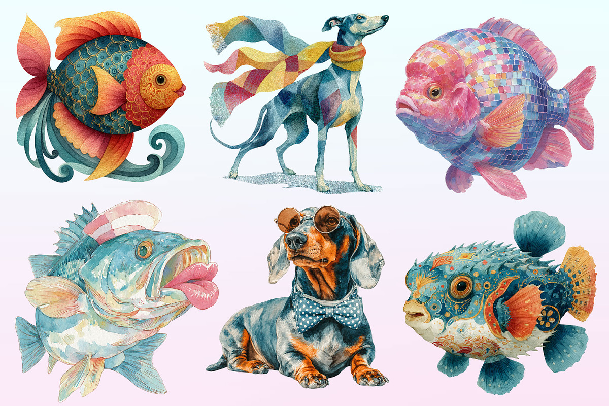 Quirky Dog and Fish Clipart, a Graphic by CitraGraphics (Photo 2 of 4)