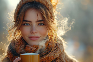 Sleepy woman drinking hot coffee while having breakfast early in the morning, a Person Photo by AlyaAnd