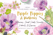 Purple Poppies&Blackberries-Clipart, an Illustration by watercolorwild.graphics (Thumbnail 1 of 10)