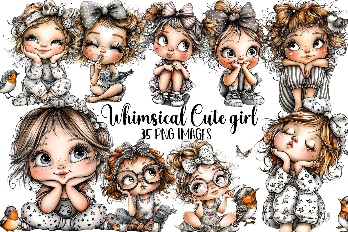 Whimsical Cute girl clipart, an Illustration by DreamArtGraphic (Photo 1 of 6)