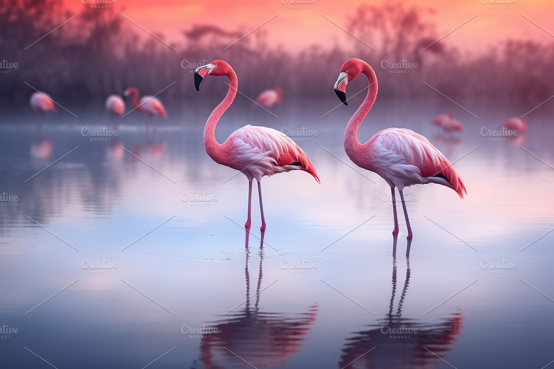Pink flamingos standing in a lake, an Animal Photo by AlyaAnd
