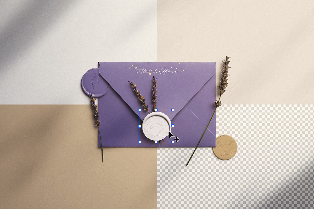 Envelope with Wax Seals and Lavender, a Product Mockup by Custom Scene (Photo 4 of 11)