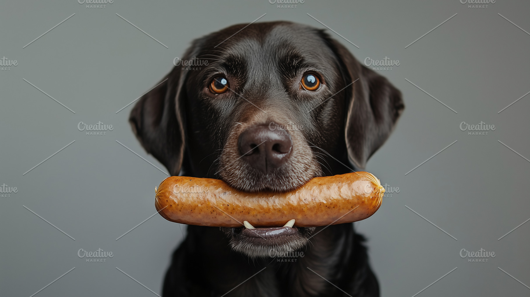 Chocolate labrador holds sausage, an Animal Photo by MistyDay