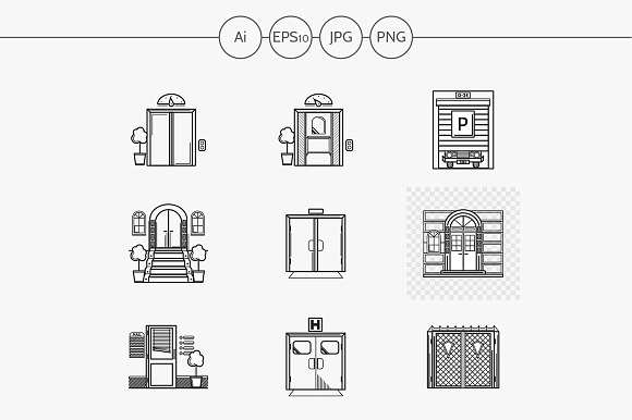 Entrance Flat Line Vector Icons Set