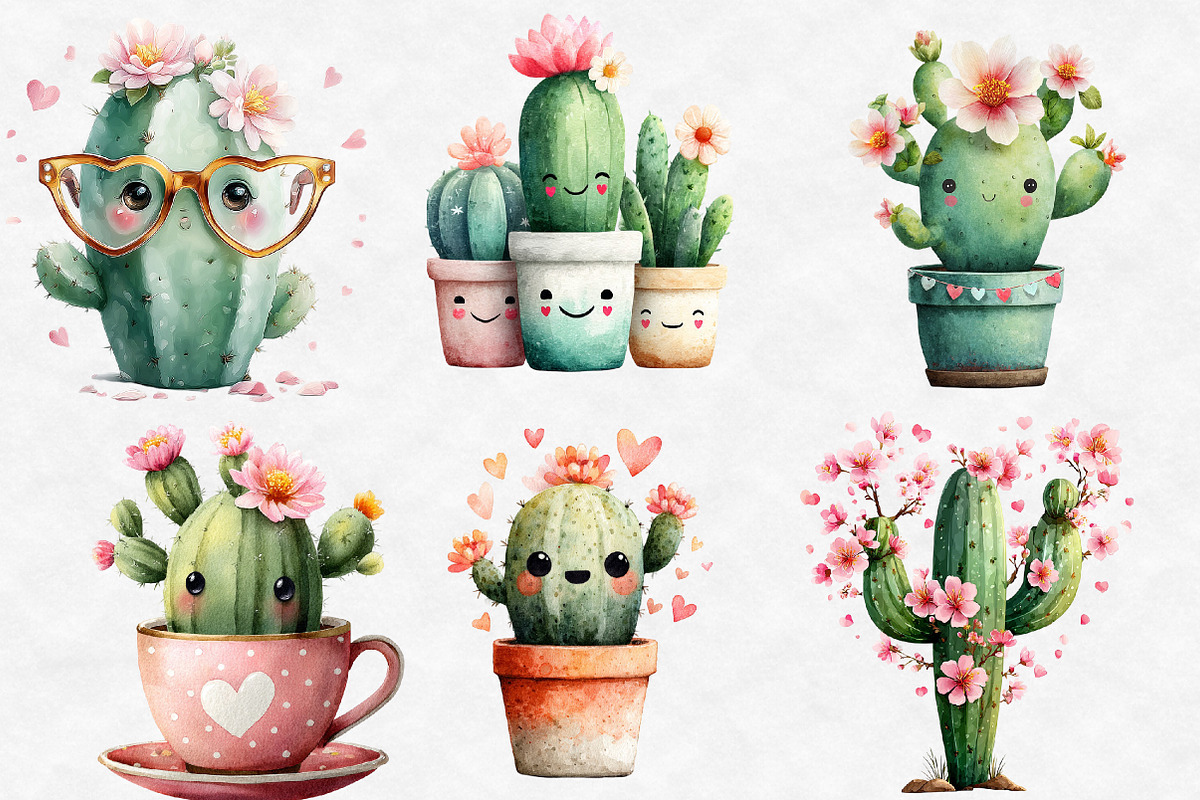 Cute Cactus Valentine Clipart Bundle, an Illustration by Designworld (Photo 2 of 5)