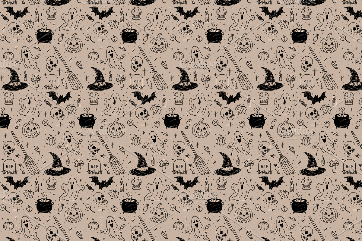 Witchy & Halloween Line Art Seamless, a Pattern Graphic by Lyolya Profitrolya (Photo 4 of 4)