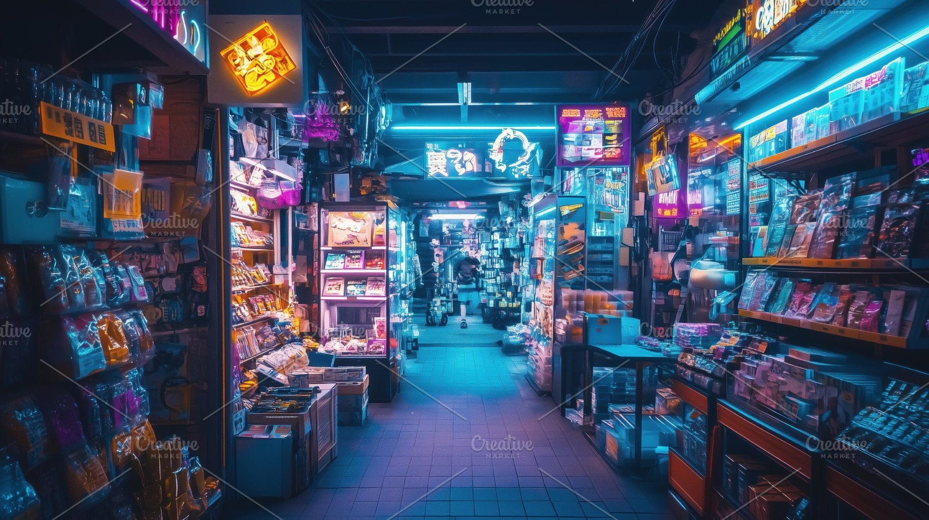 A vibrant market alley filled with colorful neon lights and various merchandise, an Industrial Photo by Textures & Backgrounds