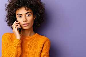 Woman with curly hair talking phone, a Technology Photo by MistyDay