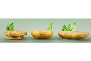 3d Nature Wood Podium With Leaf For