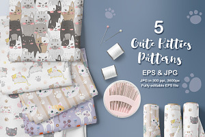 Cute Kitten Seamless Pattern Set