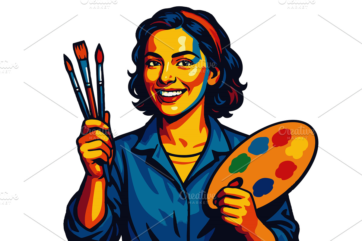 Smiling Female Painter Holding, a Person Illustration by AlexArt