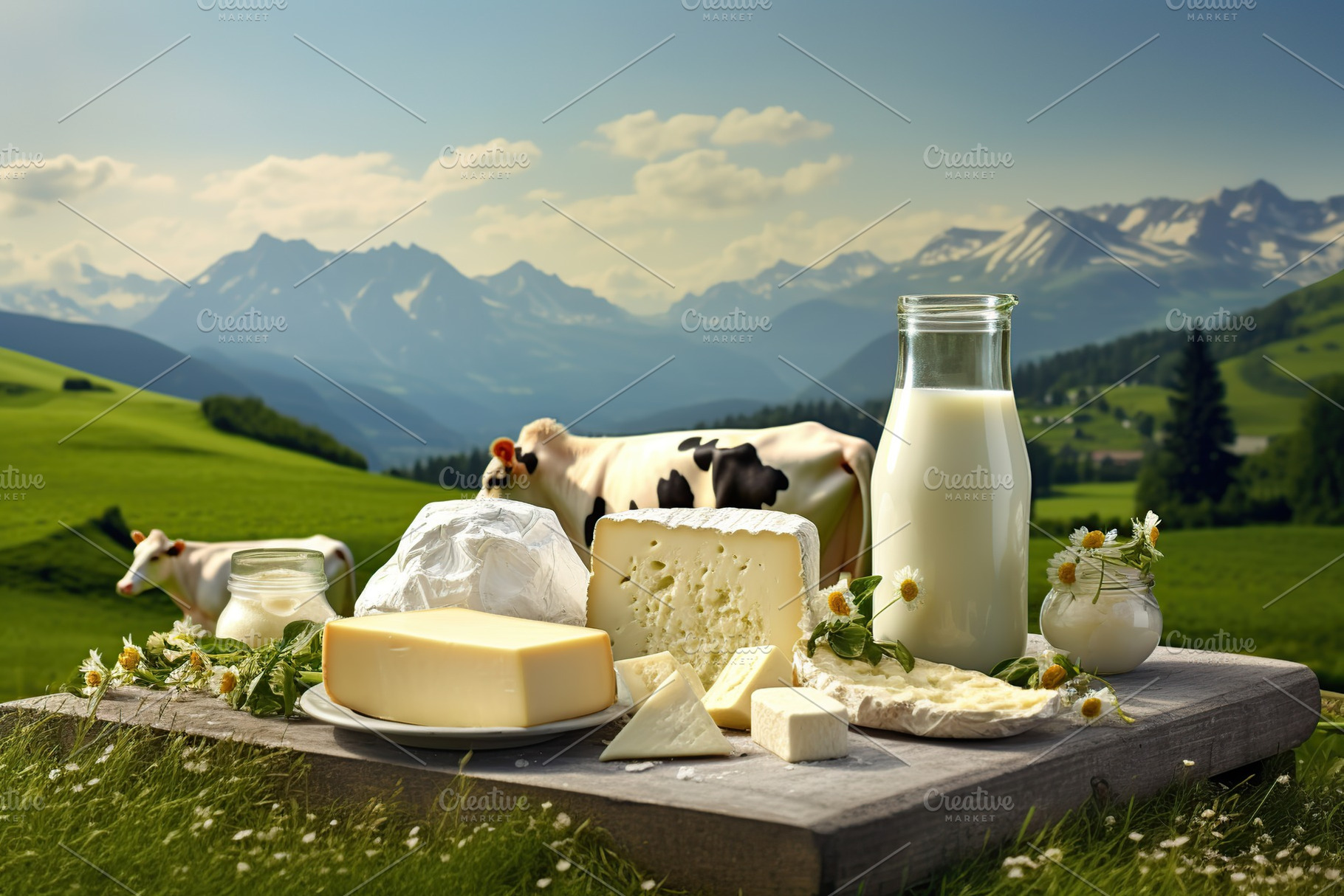 Fresh dairy products on landscape with green grass, a Food & Drink Photo by AlyaAnd