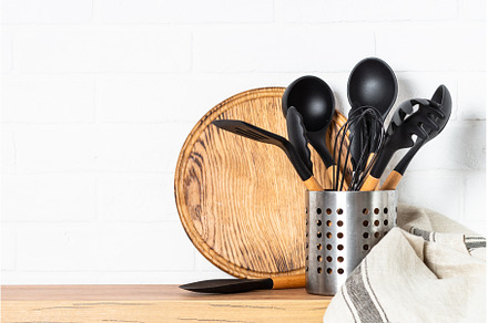 Kitchen utensils with wooden cutting, a Food & Drink Photo by Nadia-nb