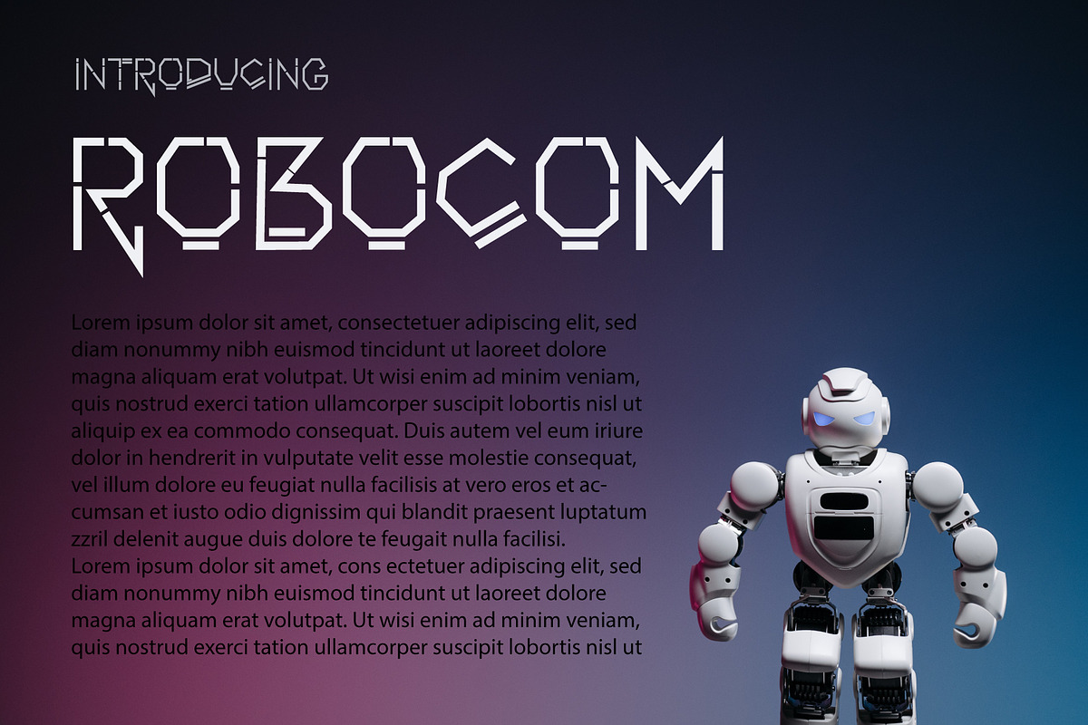 Robocom – Futuristic Display Font, a Font by Bercreative (Photo 1 of 3)
