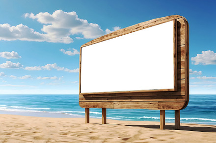 Blank wooden mockup on the beach, vacation concept. Generative A, a Business Photo by Ales Munt