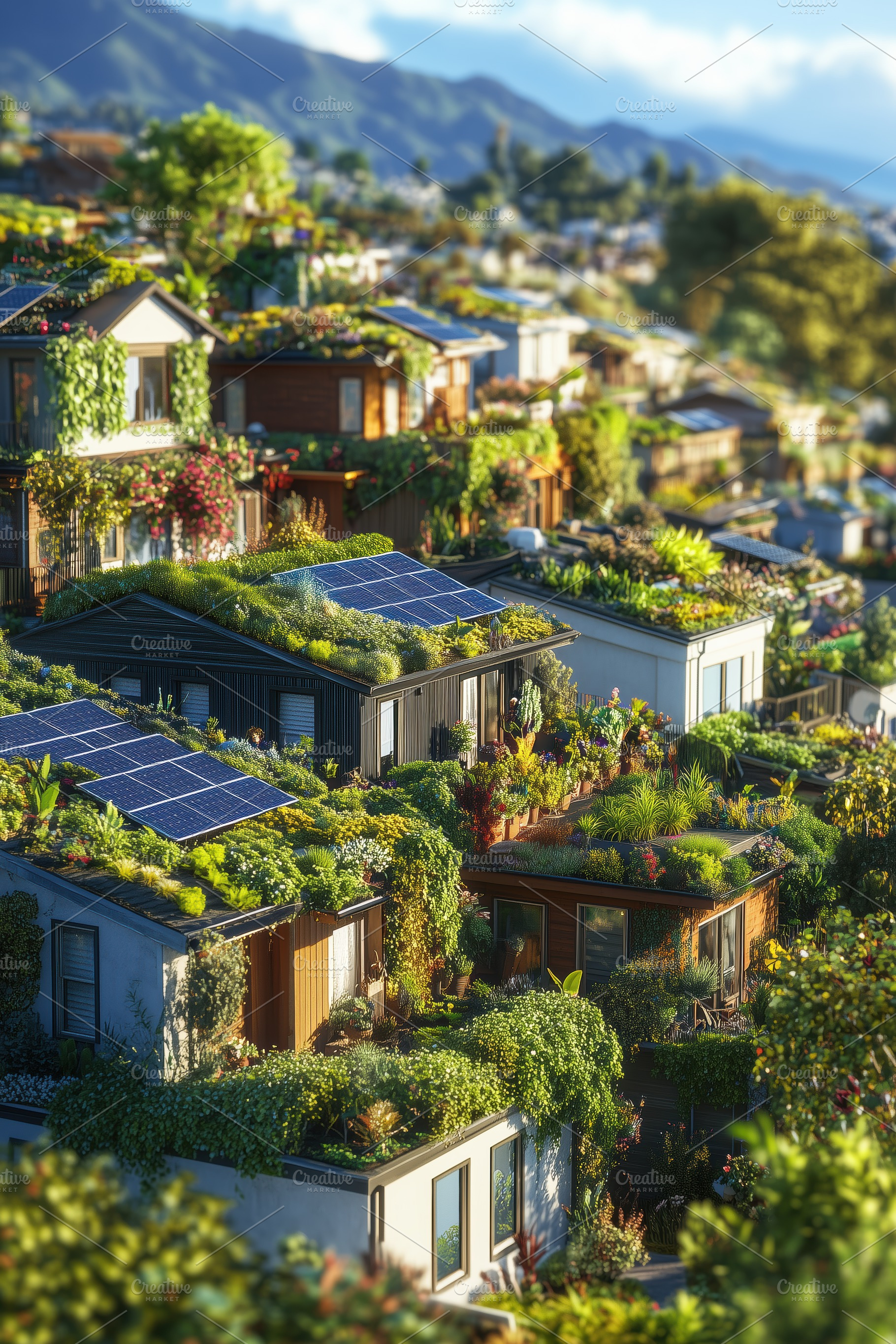 Aerial view of eco-friendly houses with green roofs and solar panels, surrounde, a Transportation Photo by Textures & Backgrounds
