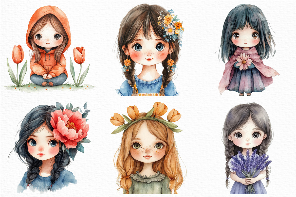 Cute Chibi Floral Girls Clipart, an Illustration by Craft Nest (Photo 3 of 6)