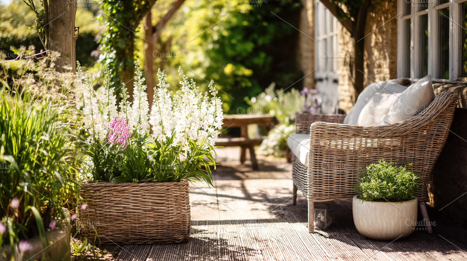 Cottage garden patio with wicker furniture, sun dappled outdoor, a Photo by Studio ANNA
