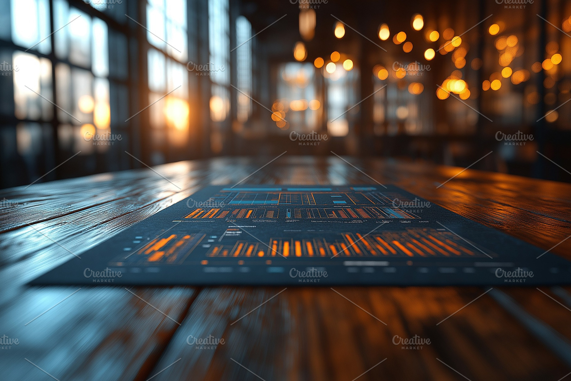 An artistic view of data visualization on a wooden table, illuminated by warm s, a Background Photo by ImageMir