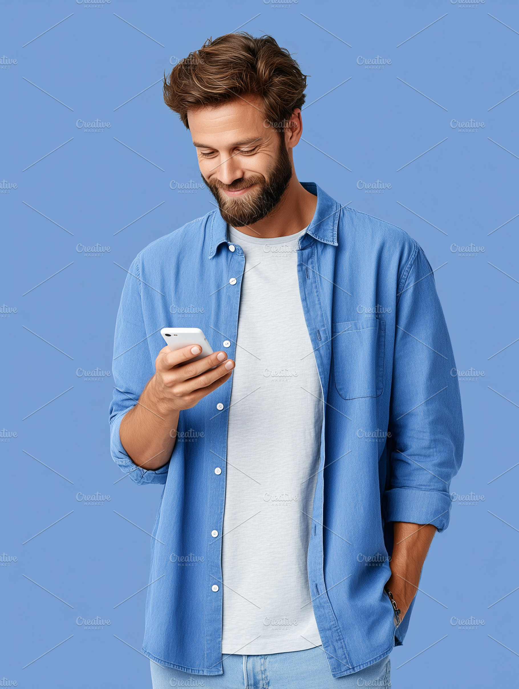 Smiling young man with beard using, a Technology Photo by MistyDay