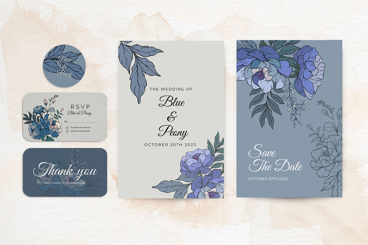 Blue Peony Flowers Set, a Decorative Illustration by Papatongartist (Photo 2 of 6)