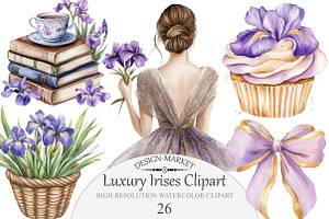 Watercolor Luxury Irises Clipart, an Illustration by Design Market