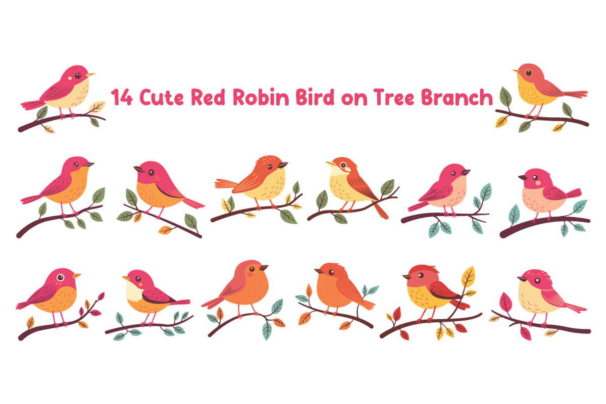 14 Cute Red Robin Bird on Tree Twig, an Animal Illustration by jongcreative (Photo 1 of 8)