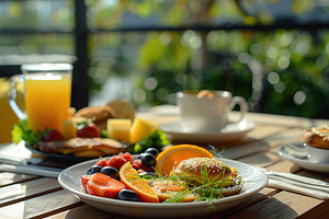 Tasty breakfast with fruits and glass of juice in cafe on sunlights background, a Food & Drink Photo by AlyaAnd