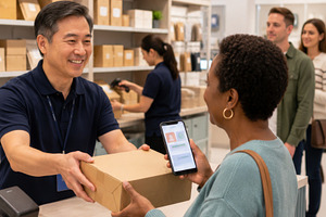 Customer receiving package at store, a Photo by Dvoevnore photos