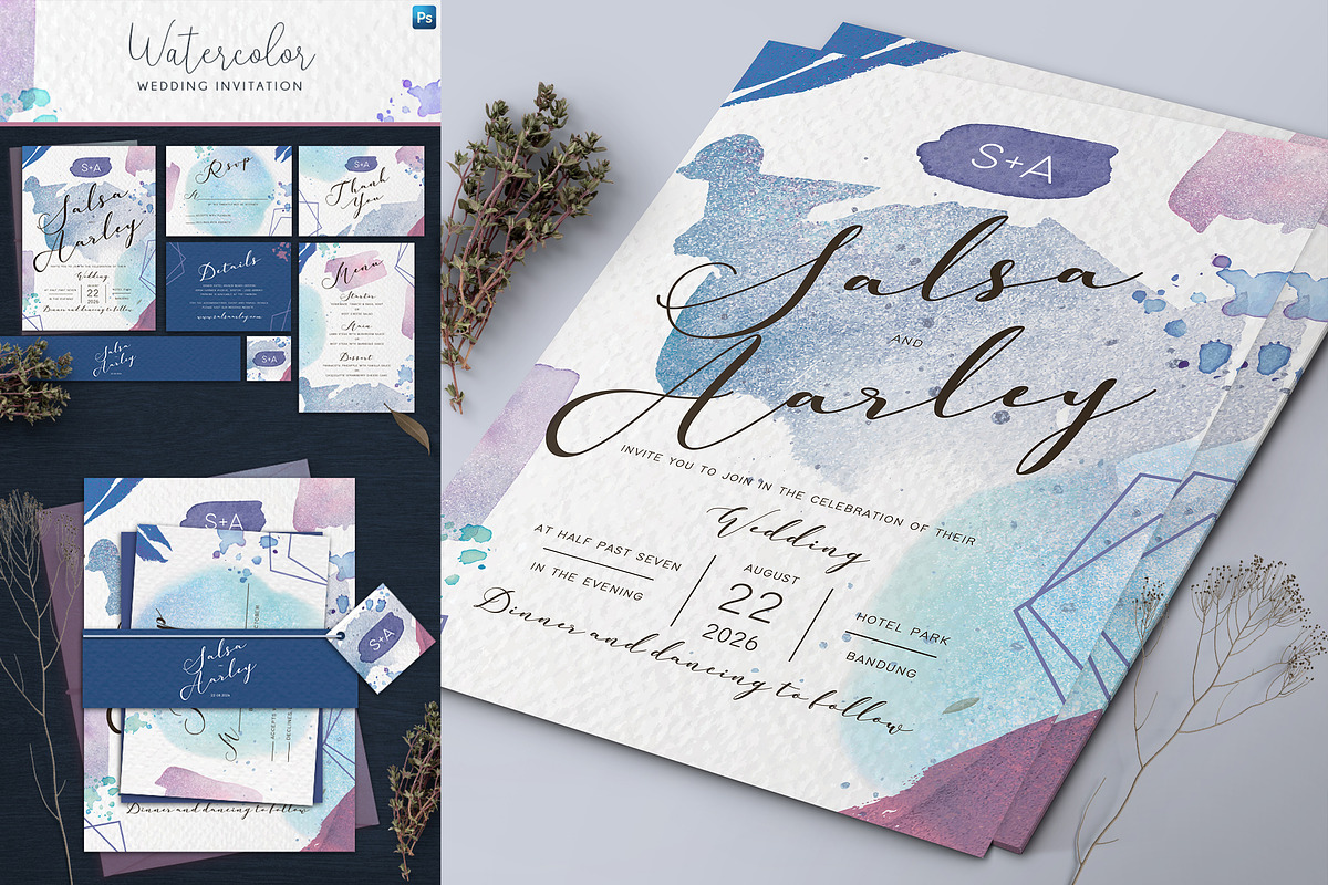 Watercolor Wedding Invitation Set, an Invitation Template by Aarley Kaiven (Photo 1 of 4)