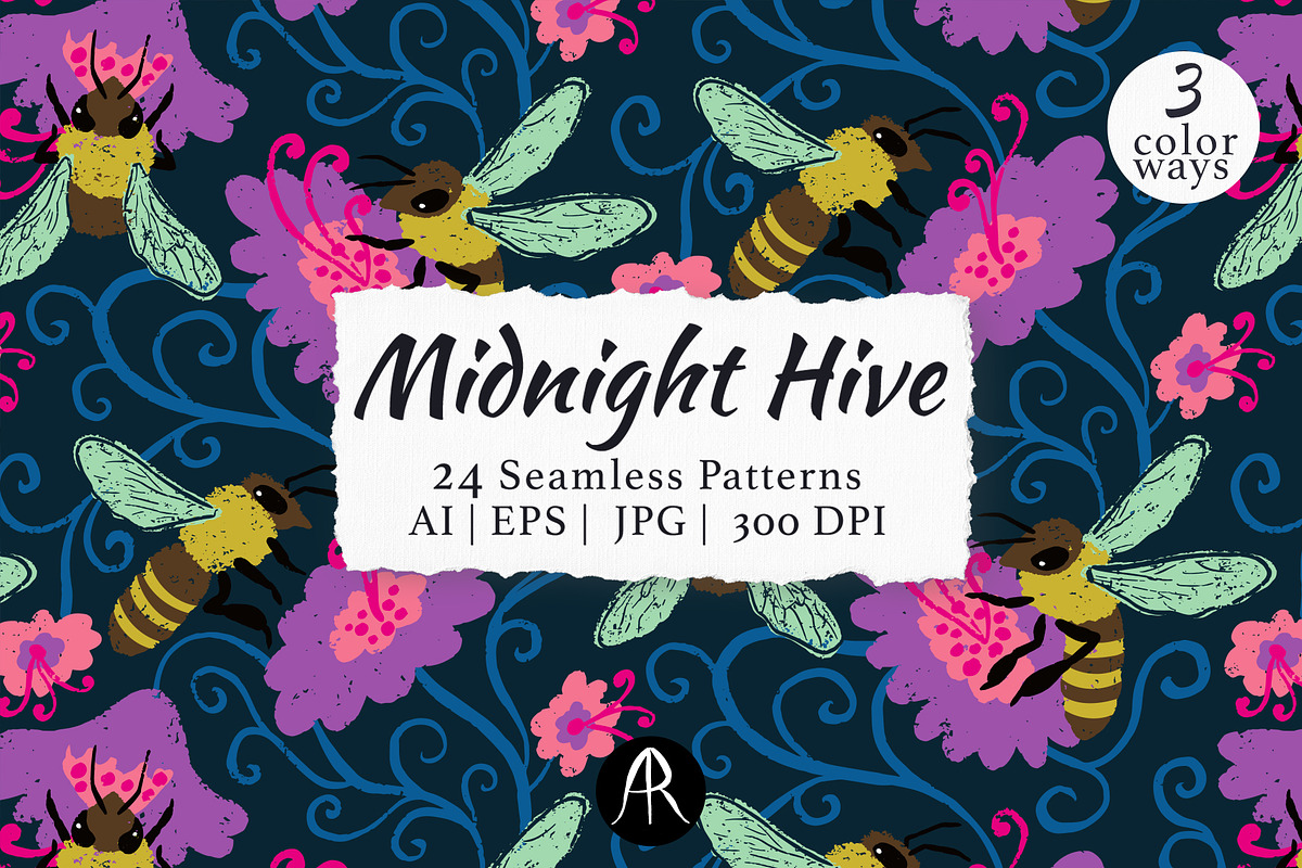 Midnight Hive - Bee Floral Patterns, a Pattern Graphic by Rose Design (Photo 1 of 13)