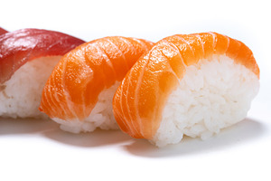 Assorted nigiri sushi with salmon, tuna and shrimp, a Food & Drink Photo by etorres69