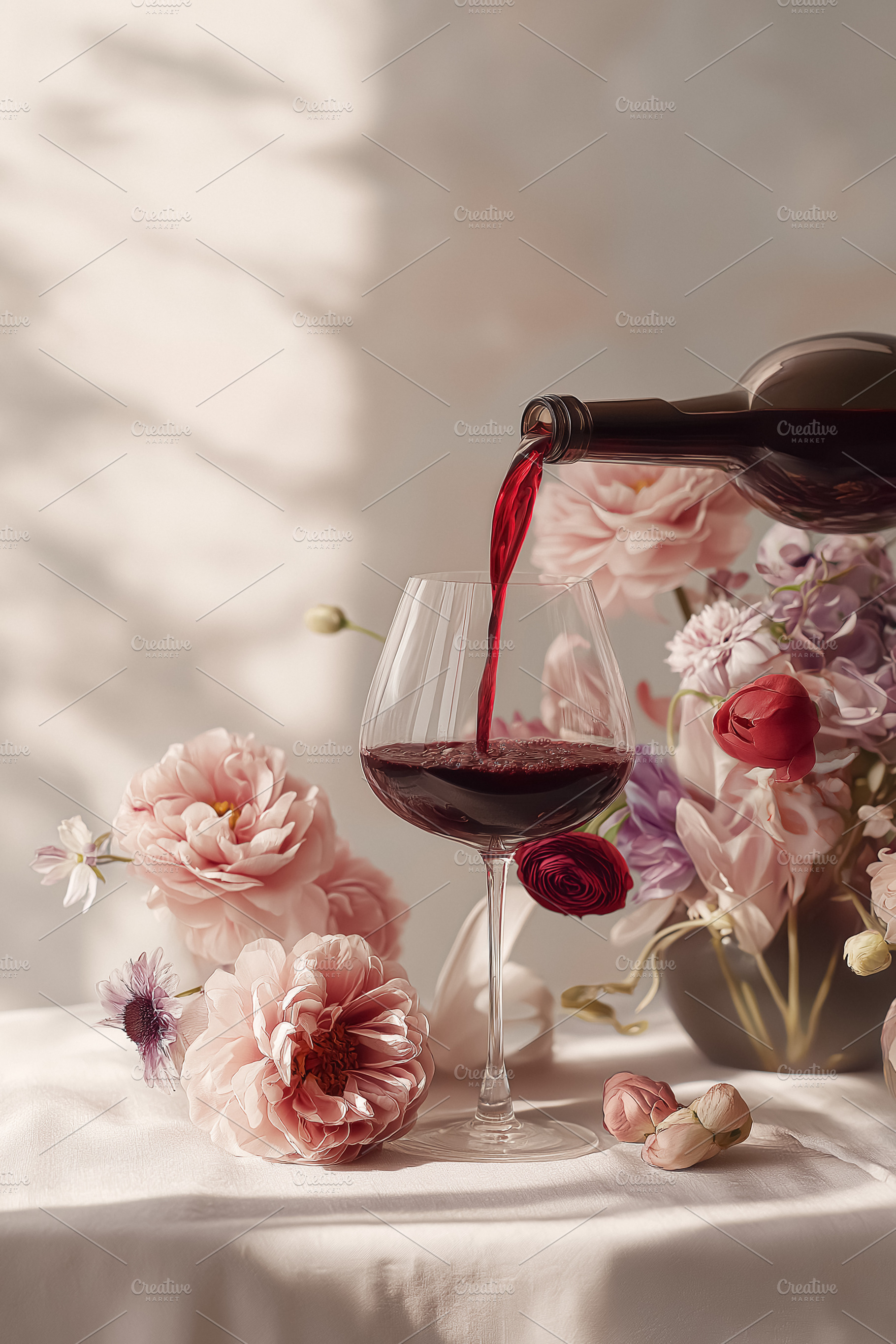 Pouring red wine into a glass amidst delicate pink flowers, creating a romantic, a Food & Drink Photo by Anneleven