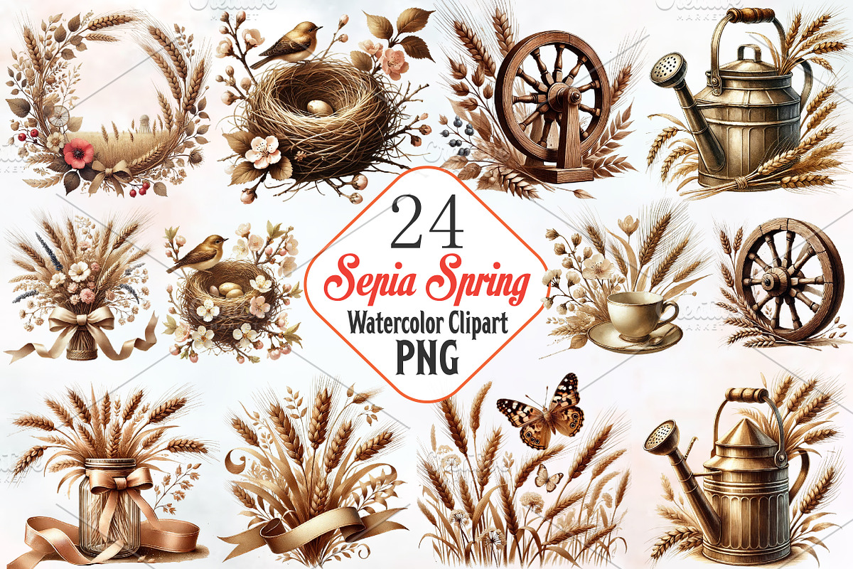Sepia spring clipart bundle, an Illustration by RobertsArt (Photo 1 of 7)