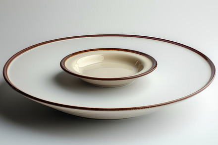 Elegant White Ceramic Plate with Brown Rim Isolated on White Background, a Photo by AS photostudio