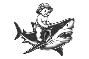 Baby Riding Shark with Thumbs Up, an Animal Illustration by AlexArt