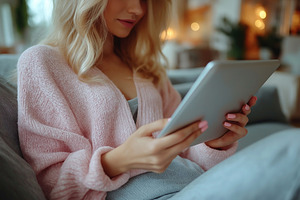 A young Caucasian woman in a cozy pink sweater, engrossed in reading on a table, a Person Photo by ImageMir