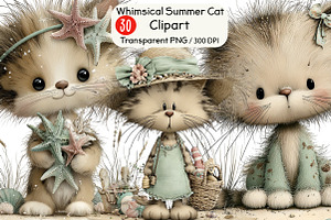 Whimsical Summer Cat Clipart, an Animal Illustration by Black Bird Studio