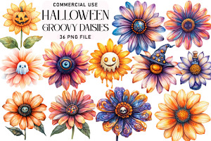 Groovy Halloween Daisies Clipart, an Illustration by Daily.Designs