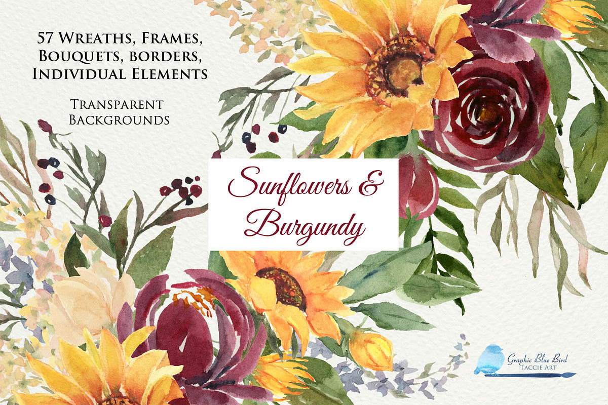Sunflowers and Burgundy Flowers, an Illustration by Graphic Blue Bird (Photo 1 of 11)