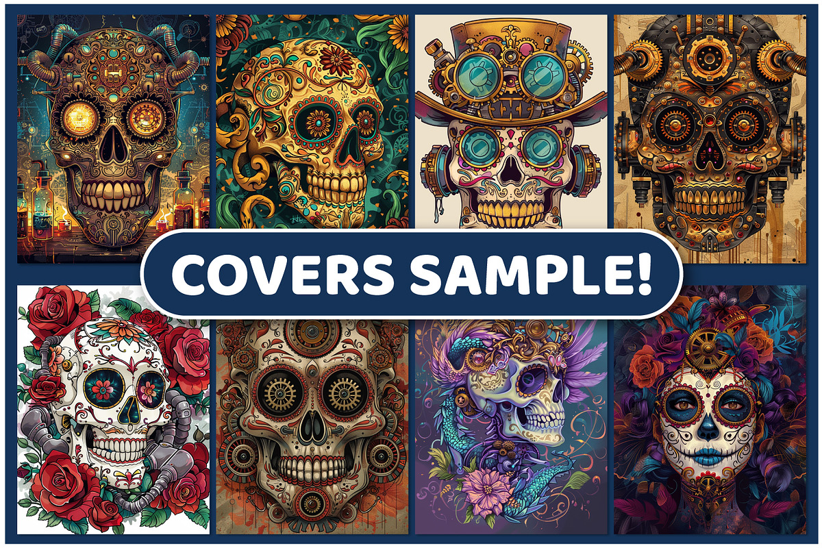 Steampunk Sugar Skulls Coloring Page, an Illustration by BrightMart (Photo 3 of 3)