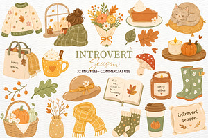 Cozy Autumn Clipart Introvert Season, a Seasonal Illustration by SugarCloudStudioArt