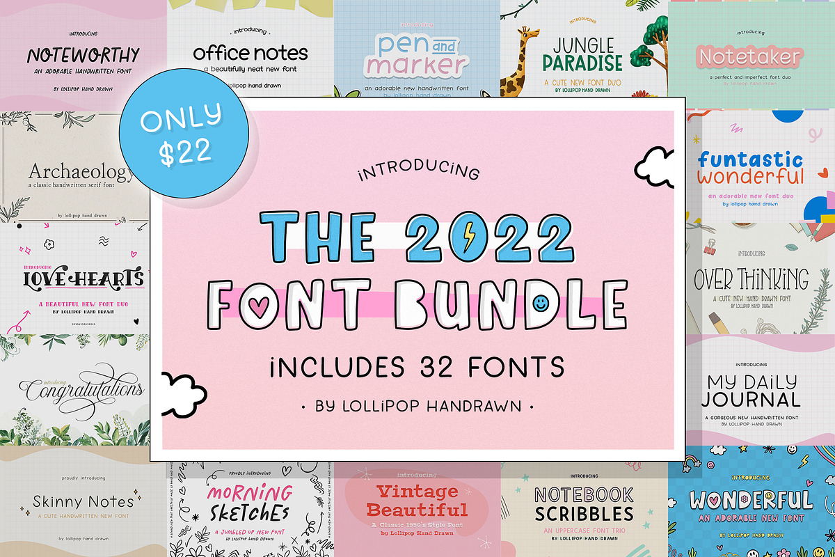 The 2022 Font Bundle - 32 Fonts, a Font by Lollipop Hand Drawn (Photo 1 of 35)